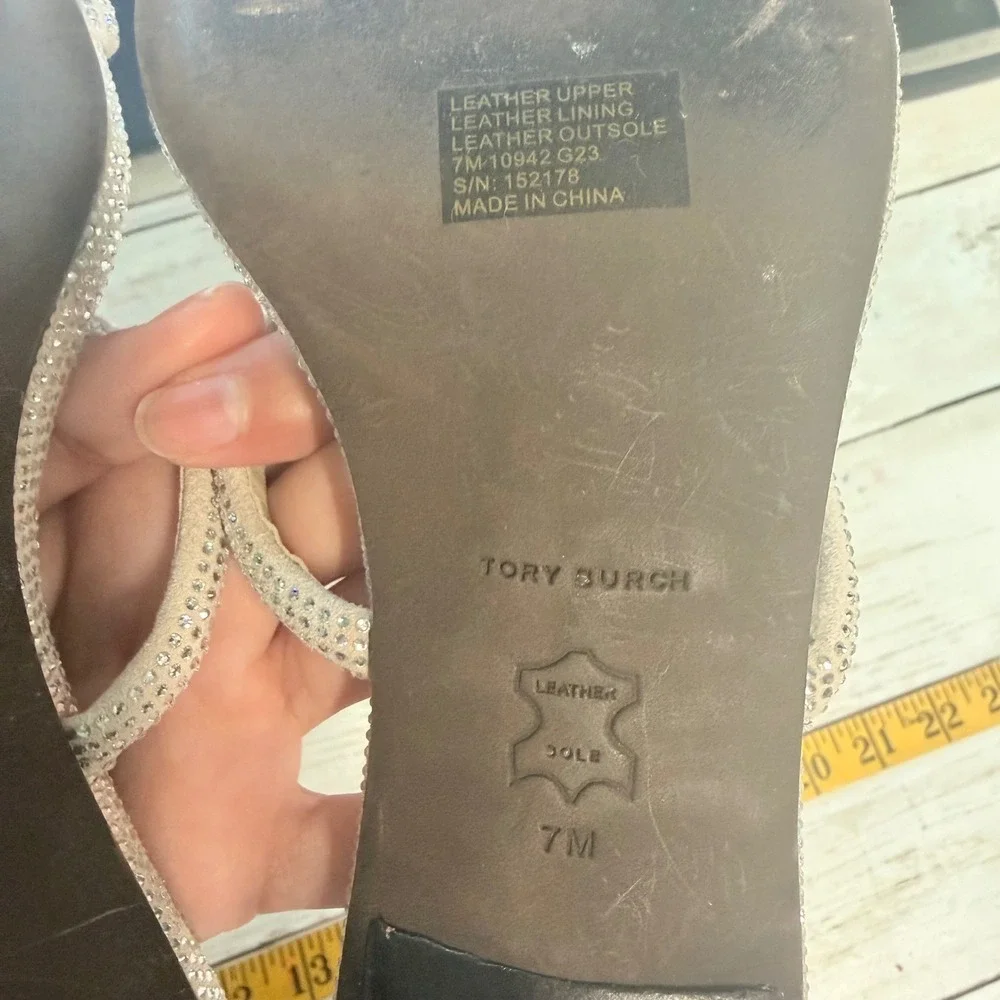 Tory Burch Miller‎ Crystal Sandals Women 7M Kitten Heel Logo Guest Rhinestone